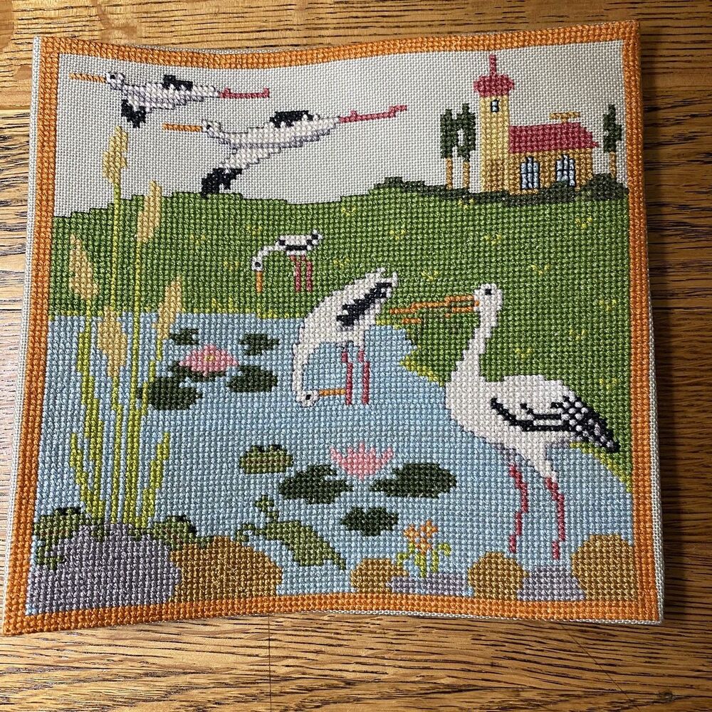 Finished Wetlands/Stork Birds Cross Stitch Piece Unframed 7 in X 7.5 in